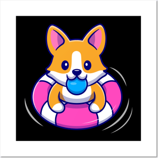 Cute Corgi Dog Floating With Swimming Tires Cartoon Vector Icon Illustration Posters and Art